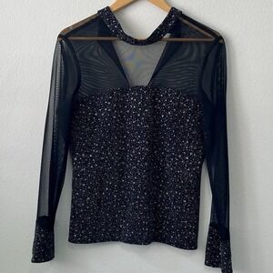 Women Sparkly Sequins Top - Mock Neck Shirt Mesh Formal/Party Black Size M